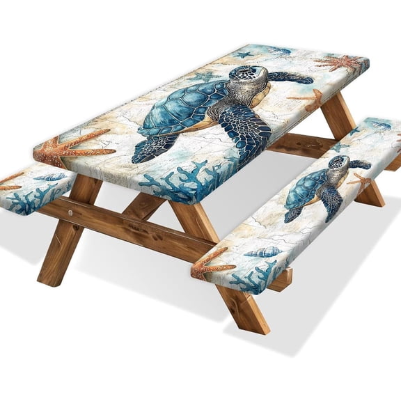 Picnic Table Cover with Bench Covers 5FT, Camping Essentials, Nautical Sea Turtle Ocean Windproof Waterproof Picnic Table Cloth, Fitted Tablecloth with Elastic Edge for Indoor Outdoor 3PCS 30x60 Inch