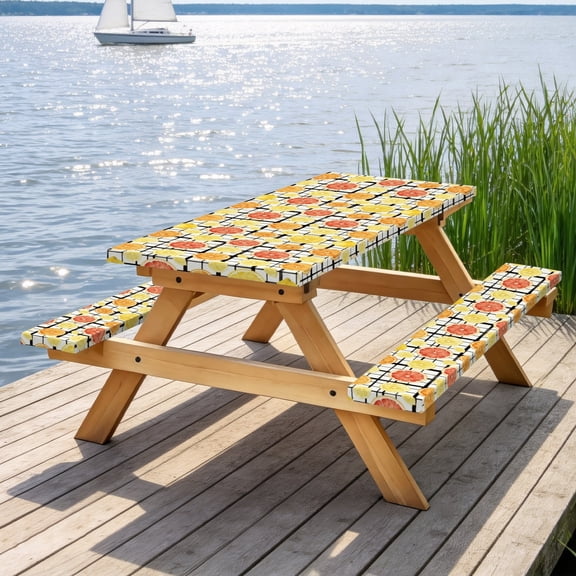 Picnic Table Cover with Bench Covers 60IN 5FT, Black Grid Citrus Fruit Picnic Furniture Protector, Stain Resistant Elastic Table & Bench Cover with Lemon, Orange & Grapefruit Print