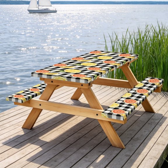 Picnic Table Cover with Bench Covers 60IN 5FT, Black Plaid Citrus Picnic Furniture Protector, Stain Resistant Elastic Table & Bench Cover with Lemon & Grapefruit Print