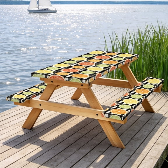 Picnic Table Cover with Bench Covers 60IN 5FT, Black Plaid Citrus Picnic Furniture Protector, Stain Resistant Elastic Table & Bench Cover with Lemon & Grapefruit Print