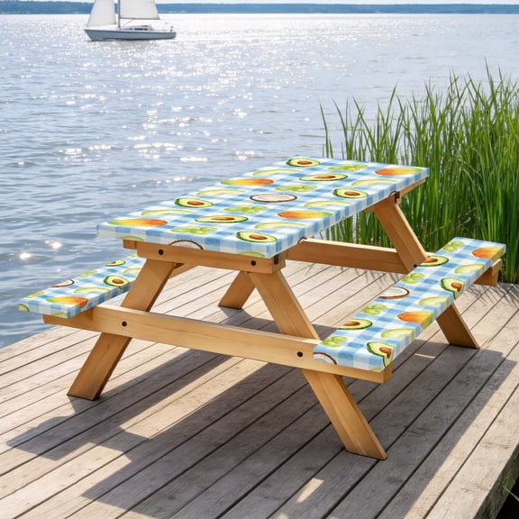 Picnic Table Cover with Bench Covers 60IN 5FT, Blue Buffalo Check Tropical Fruit Picnic Furniture Protector, Stain Resistant Elastic Table & Bench Cover with Avocado, Mango & Coconut Print