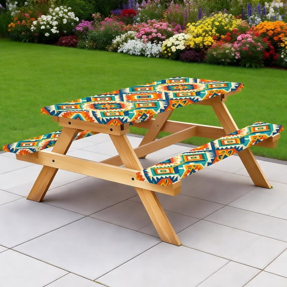 Picnic Table Cover with Bench Covers 60IN 5FT, Bohemian Tribal Pattern Picnic Furniture Protector, Stain Resistant Elastic Table & Bench Cover with Colorful Ethnic Print