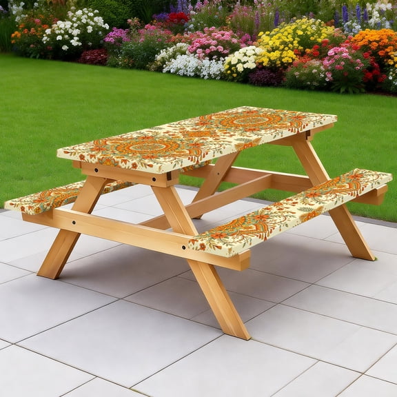 Picnic Table Cover with Bench Covers 60IN 5FT, Boho Autumn Mandala Floral Picnic Table & Bench Cover Set, 3-Piece Waterproof Elastic Slipcover for Outdoor Camping & Backyard