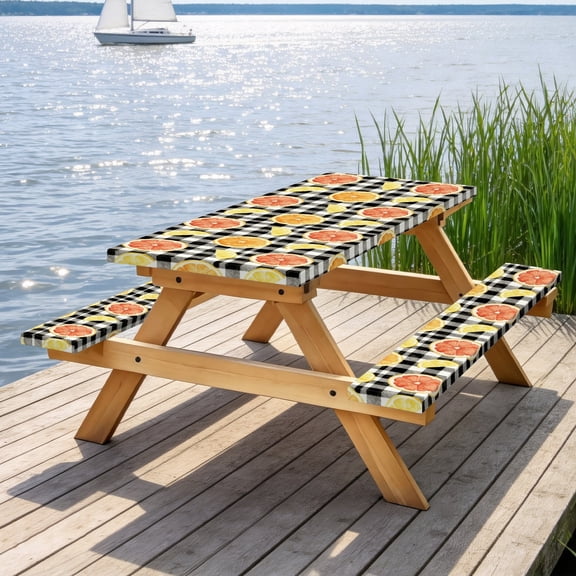 Picnic Table Cover with Bench Covers 60IN 5FT, Buffalo Check Citrus Picnic Furniture Protector, Stain Resistant Elastic Table & Bench Cover with Lemon & Grapefruit Print
