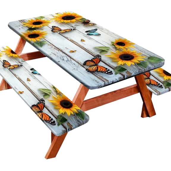 Picnic Table Cover with Bench Covers 60IN 5FT, Camping Essentials Tablecloth Waterproof Oilproof with elastic Edge for Indoor Outdoor Patio (Sunflower Wood Grain)