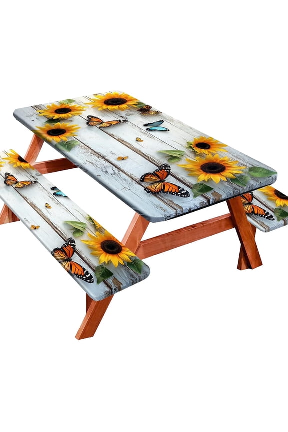 Picnic Table Cover with Bench Covers 60IN 5FT, Camping Essentials Tablecloth Waterproof Oilproof with elastic Edge for Indoor Outdoor Patio (Sunflower Wood Grain)