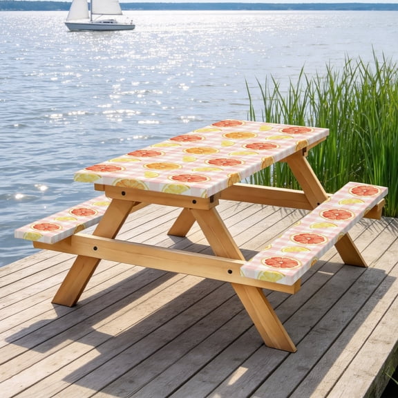 Picnic Table Cover with Bench Covers 60IN 5FT, Pink Buffalo Check Citrus Picnic Furniture Protector, Stain Resistant Elastic Table & Bench Cover with Lemon, Orange & Grapefruit Print