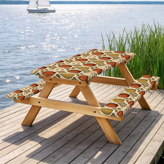Picnic Table Cover with Bench Covers 60IN 5FT, Retro Apple & Pear Picnic Table & Bench Cover Set, 3-Piece Waterproof Elastic Slipcover for Outdoor Camping & Backyard