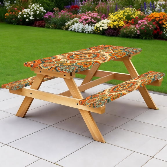 Picnic Table Cover with Bench Covers 60IN 5FT, Retro Folk Art Picnic Table Bench Cover, Weatherproof Slipcover Set for Standard Outdoor Picnic Furniture