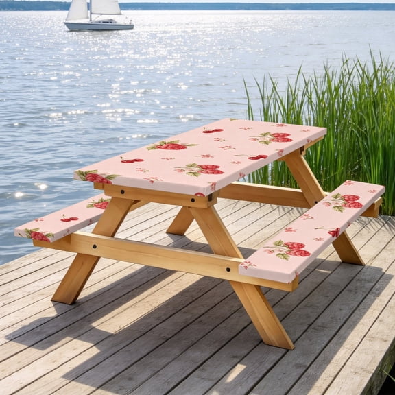 Picnic Table Cover with Bench Covers 60IN 5FT, Sweet Cherry & Raspberry Picnic Furniture Protector, Stain Resistant Elastic Table & Bench Cover for Patio Garden