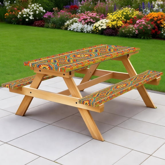 Picnic Table Cover with Bench Covers 60IN 5FT, Talavera-Style Floral Picnic Table & Bench Cover Set, 3-Piece Waterproof Elastic Slipcover for Outdoor Camping & Backyard