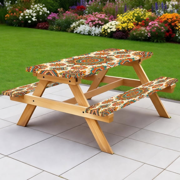 Picnic Table Cover with Bench Covers 60IN 5FT, Tribal Mandala Floral Picnic Table & Bench Cover Set, 3-Piece Waterproof Elastic Slipcover for Outdoor Camping & Backyard