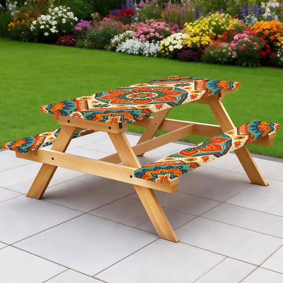 Picnic Table Cover with Bench Covers 60IN 5FT, Vibrant Talavera-Style Floral Picnic Table & Bench Cover Set, 3-Piece Waterproof Elastic Slipcover for Outdoor Camping & Backyard BBQ
