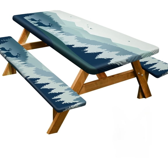 Picnic Table Cover with Bench Covers 6FT 3 Pcs Waterproof Windproof Aesthetic Camping Tablecloth , Fitted for 6 Foot Rectangle Tables and Seats, 60 inch, Blue Deer Forest