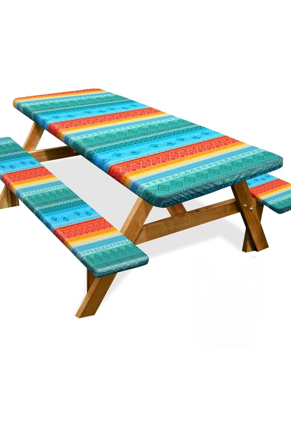 Picnic Table Cover with Bench Covers 6FT 3 Pcs Waterproof Windproof Aesthetic Camping Tablecloth , Fitted for 6 Foot Rectangle Tables and Seats, 60 inch, Teal Orange