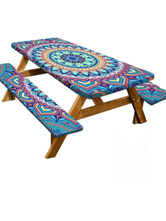 Picnic Table Cover with Bench Covers 6FT 3 Pcs Waterproof Windproof Aesthetic Camping Tablecloth , Fitted for 5 Foot Rectangle Tables and Seats, 60 inch