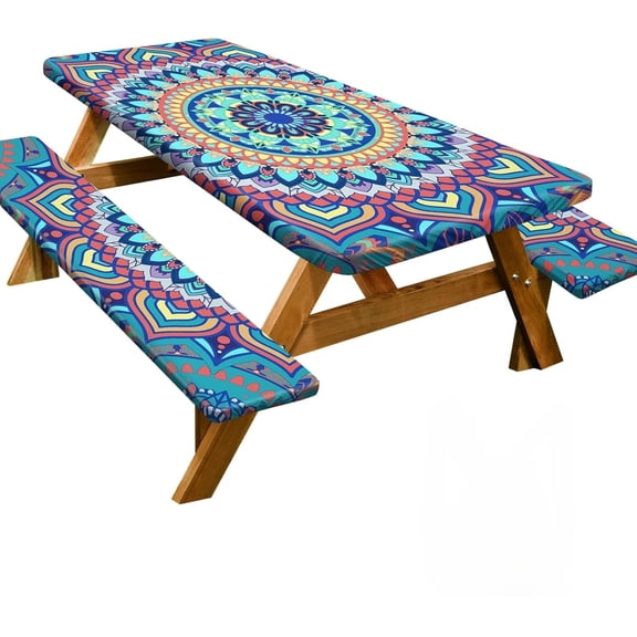 Picnic Table Cover with Bench Covers 6FT 3 Pcs Waterproof Windproof Aesthetic Camping Tablecloth , Fitted for 5 Foot Rectangle Tables and Seats, 60 inch