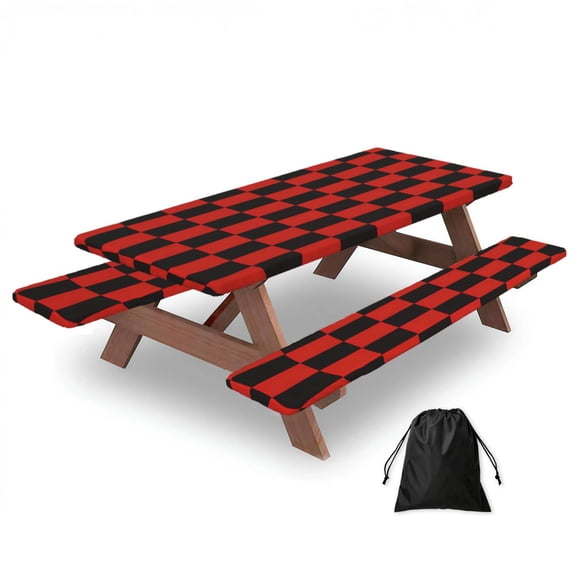 Picnic Table Cover And Bench Covers 72in Water Resistant Elastic Edge Set For Camping Bbq Outdoor Parties With Storage Bag Red And Black Checkered Pattern (8)