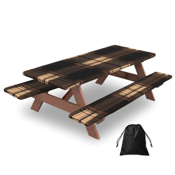 Picnic Table Cover And Bench Covers 72in Water Resistant Elastic Edge Set For Camping Bbq Outdoor Parties With Storage Bag Saddlebrown Buffalo Plaid Check Tartan Scotland_2