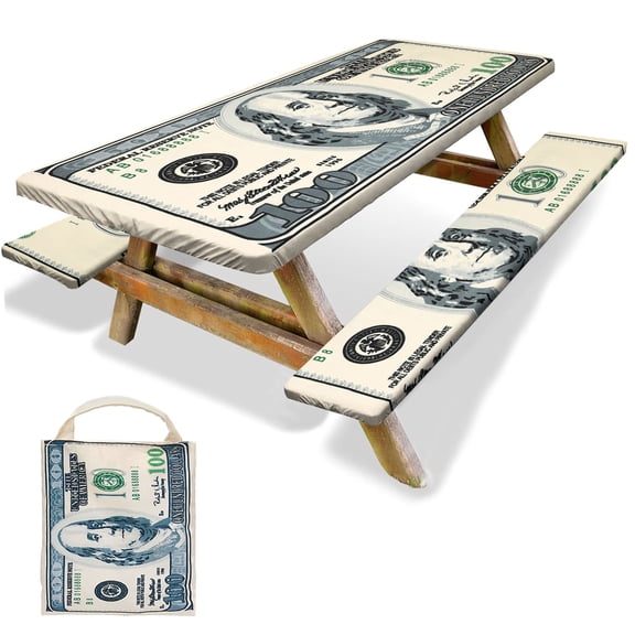 SLUMLOVE Picnic Table Cover with Bench Covers, Waterproof Fitted Camping Tablecloth Set 72"x30", Dollar Print