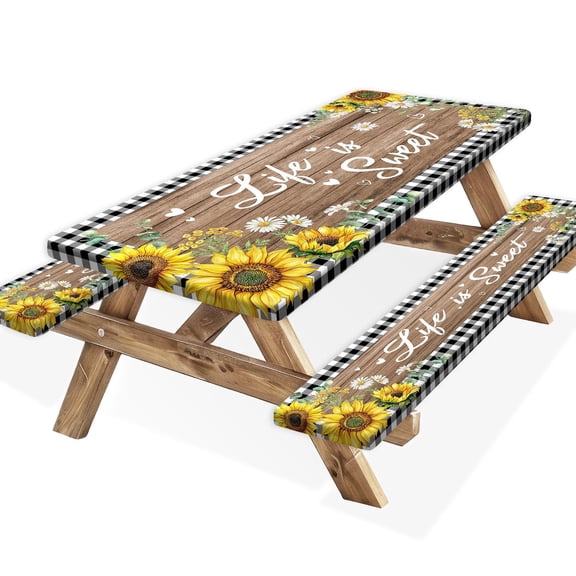 Picnic Table Cover with Bench Covers and Bag, 6ft Outdoor Sunflower Camper Fitted Picnic Table Cover Cloths with Elastic Edges for Patio Camping Essentials, Waterproof Camping Fitted Tablecloth