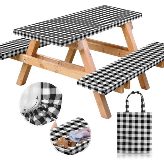 Picnic Table Cover with Bench Covers and Bag, 6ft Outdoor Waterproof Windproof Tablecloth with Elastic Edges. Camping RV Gear Campers Must Have 72x30 Inches 4 Pcs Set (Black)