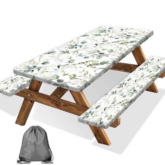 Picnic Table Cover with Bench Covers and Bag, Camping Essentials, Eucalyptus Leaves Outdoor Table Covers, Windproof, Fitted Tablecloth Cover with Elastic Edge, 3 PCS, 30x72 Inch