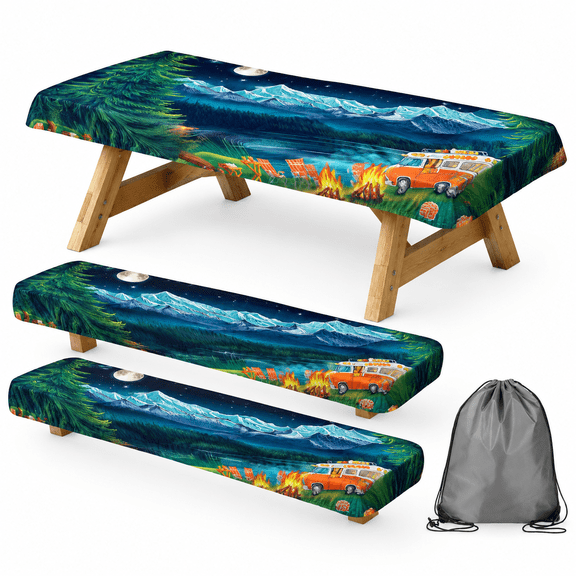 Picnic Table Cover with Bench Covers and Bag, Forest Mountain Lake Fitted Outdoor Table Covers, Camping Essentials, Windproof & Waterproof Tablecloth Cover with Elastic Edge, 30x96 Inch