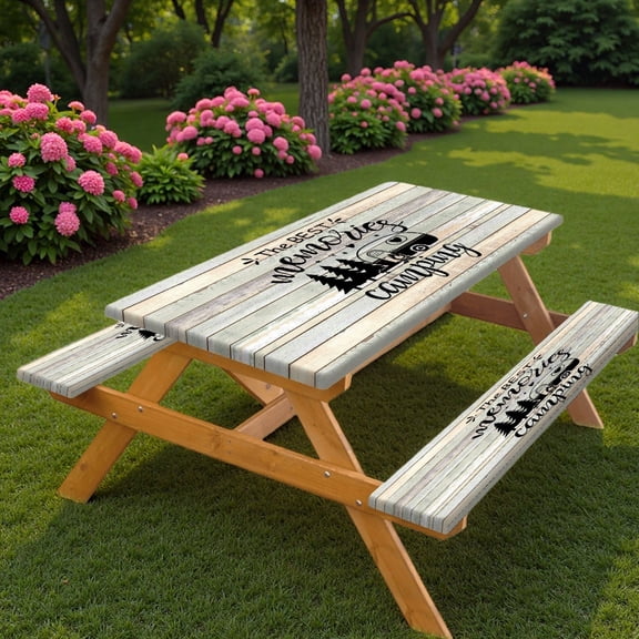 Picnic Table Cover with Bench Covers and Bag, Outdoor Camping Camper RV Wood Waterproof Windproof Tablecloth with Elastic Edges, Camping Accessories RV Gear Campers 96x30 Inches 3 Pcs Set