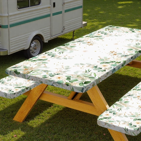 Picnic Table Cover with Bench Covers and Bag, Outdoor Waterproof Windproof Tablecloth with Elastic Edges, Camping Accessories RV Gear Campers 60x30 Inches 3 Pcs Set, Sage Green Eucalyptus Leaves