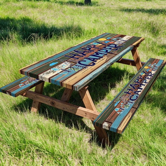 Picnic Table Cover with Bench Covers and Bag, Outdoor Wooden Camping Camper RV Wood Waterproof Windproof Tablecloth with Elastic Edges, Camping Accessories RV Gear Campers 96x30 Inches 3 Pcs Set