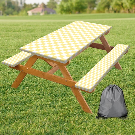 Picnic Table Cover with Bench Covers and Bag, Yellow White Checkered Gingham Buffalo Plaid Camping Tablecloth Waterproof Windproof Elastic Edges Fitted Tablecloths for Outdoor Garden 3PCS 30x72 Inch