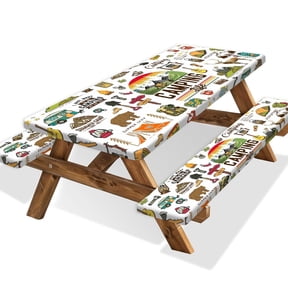 Picnic Table Cover with Bench Covers Camper RV Camping Essentials Waterproof Windproof Camping Tablecloth with Drawstring Bag, Fitted Rectangle Tables and Seats White,60" x 30" inch