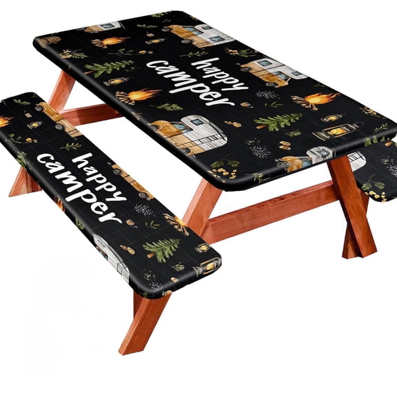 Picnic Table Cover with Bench Covers, Camping Essentials, Fitted Camping Tablecloth , Waterproof and oilproof with elastic Edge for Indoor Outdoor Patio, 72in (Happy Camper)