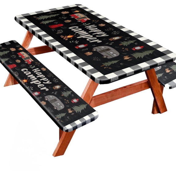 Picnic Table Cover with Bench Covers, Camping Essentials, Fitted Camping , Waterproof and oilproof with elastic Edge for Indoor Outdoor Patio, 60in (Happy Camper)