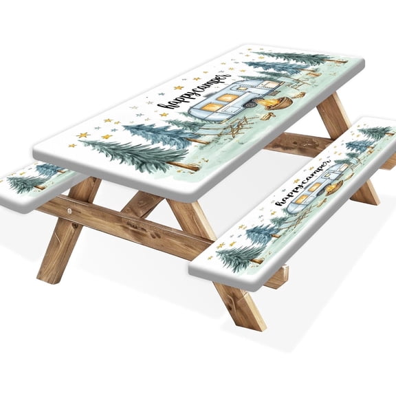 Picnic Table Cover with Bench Covers, Camping Essentials, Forest Camper Windproof, Fitted Tablecloth Cover with Elastic Edge, for Indoor & Outdoor, Garden, Camping, 3 PCS, (30"x96")