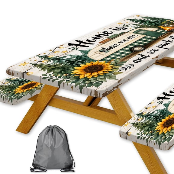 Picnic Table Cover with Bench Covers Camping Essentials Green Checkered RV Forest Sunflower Wooden Outdoor Table Covers with Elastic,Camping Tablecloth for Indoor & Outdoor 3 PCS 30x72 Inch