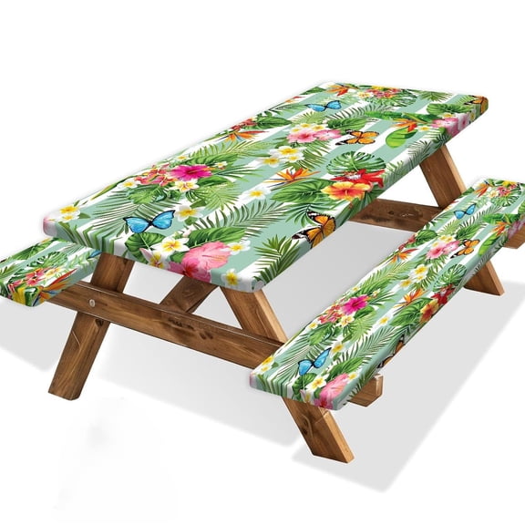 Picnic Table Cover with Bench Covers, Camping Essentials Hawaiian Luau Tropical Palm Leaves Flower Butterfly Windproof Fitted Tablecloth Cover with Elastic Edge for Outdoor 3 PCS 30x60 Inch