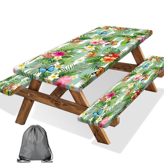 Picnic Table Cover with Bench Covers, Camping Essentials Hawaiian Luau Tropical Palm Leaves Flower Butterfly Windproof Fitted Tablecloth Cover with Elastic Edge for Outdoor, 3 PCS, (30"x60")