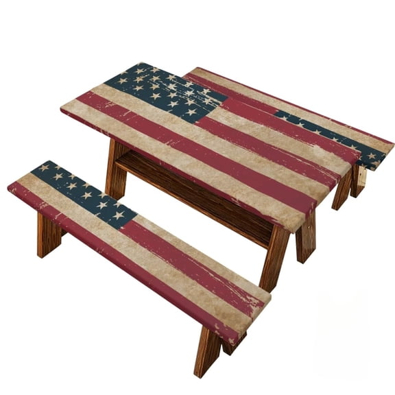 Picnic Table Cover With Bench Covers Camping Essentials Waterproof Windproof Camping Tablecloth With Elastic Edge Fitted Rectangle Tables And Seats Vintage American Flag 60in x 30in