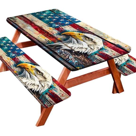 Picnic Table Cover with Bench Covers Camping Essentials Waterproof Windproof Camping Tablecloth with Elastic, Fits Table 30"x 60" Rectangle and Seats, Wood Grain American Flag
