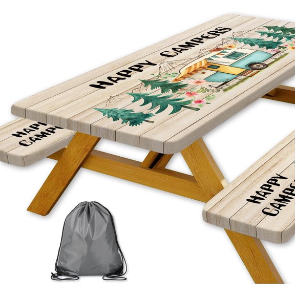 Picnic Table Cover with Bench Covers, Camping Essentials, Wooden Camper Fitted Table Cover, Fitted Camping Tablecloth Windproof with Elastic Edge for Indoor Outdoor Patio 3PCS 30x72 Inch