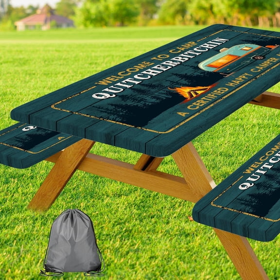 Picnic Table Cover with Bench Covers, Camping Essentials, Wooden Forest Camper Windproof Table Cover, Fitted Tablecloth Cover with Elastic Edge, for Indoor & Outdoor, 3 PCS 30x72 Inch
