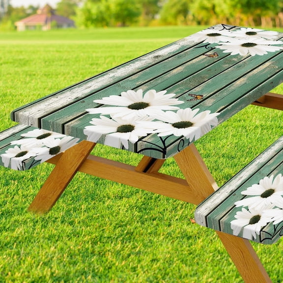 Picnic Table Cover with Bench Covers Daisy Flowers Wooden Floral Waterproof Windproof Fitted Outdoor Tablecloth with Elastic Rectangle Table Cloth Camping Accessories,60x30 Inch