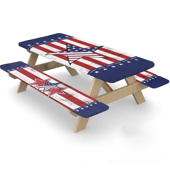 Picnic Table Cover with Bench Covers Elastic Edges, 3 Pcs National Flag Fitted Table Cover with , Waterproof Windproof Aesthetic Camping Tablecloth, Outdoor Camping Essentials 60 Inch