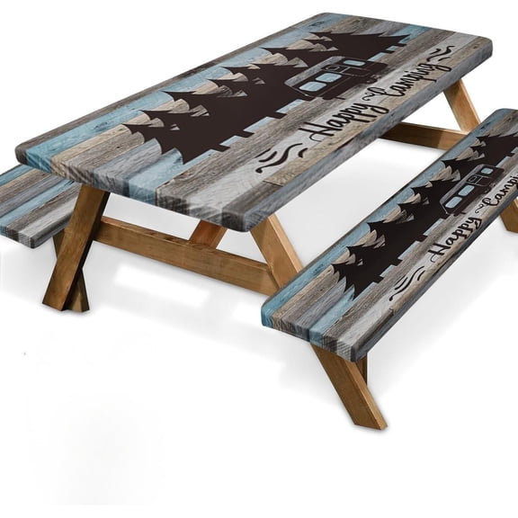 Picnic Table Cover with Bench Covers Elastic Edges, Blue Camper Fitted Table Cover, Outdoor Patio Camping Essentials 72 Inch 3PCS, Waterproof Camping Fitted Tablecloth