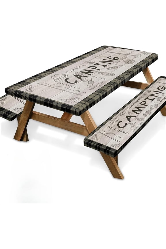 Picnic Table Cover with Bench Covers Elastic Edges, Brown Camper Fitted Table Cover, Outdoor Patio Camping Essentials 60 Inch 3PCS, Waterproof Camping Fitted Tablecloth