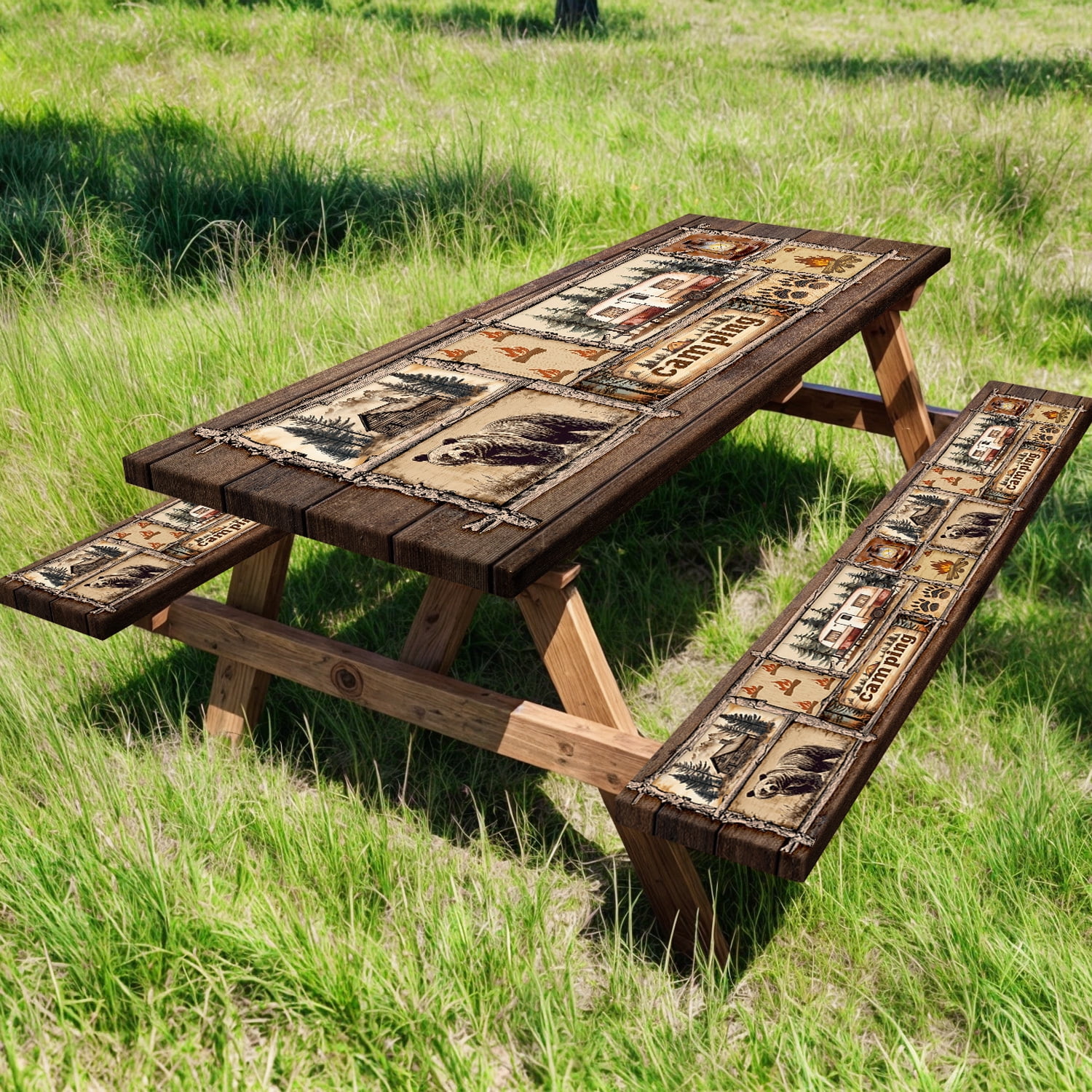 Drawstring Edge Cover Picnic Table Cover with Bench Covers Elastic Edges, Cabin Bear Camper ...