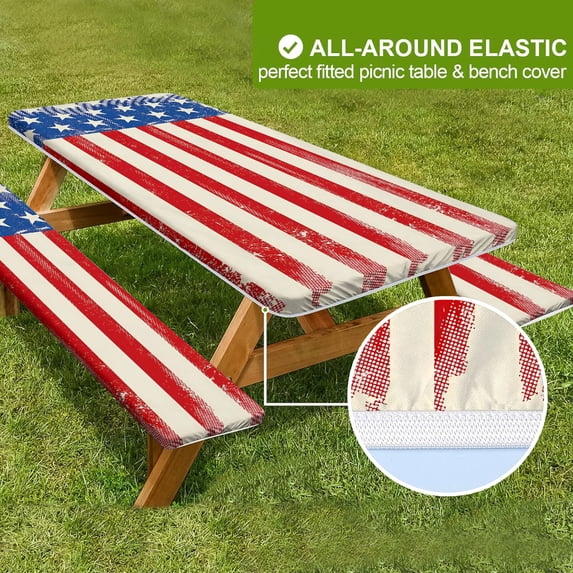 Picnic Table Cover with Bench Covers Elastic Edges, Farm Plaid Fitted Table Cover, Outdoor Patio Camping Essentials 3PCS, Waterproof Camping Fitted Tablecloth,Foring Camping.