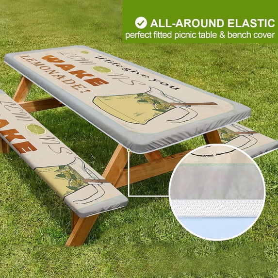 Picnic Table Cover with Bench Covers Elastic Edges, Farm Plaid Fitted Table Cover, Outdoor Patio Camping Essentials 3PCS, Waterproof Camping Fitted Tablecloth,Foring Camping.